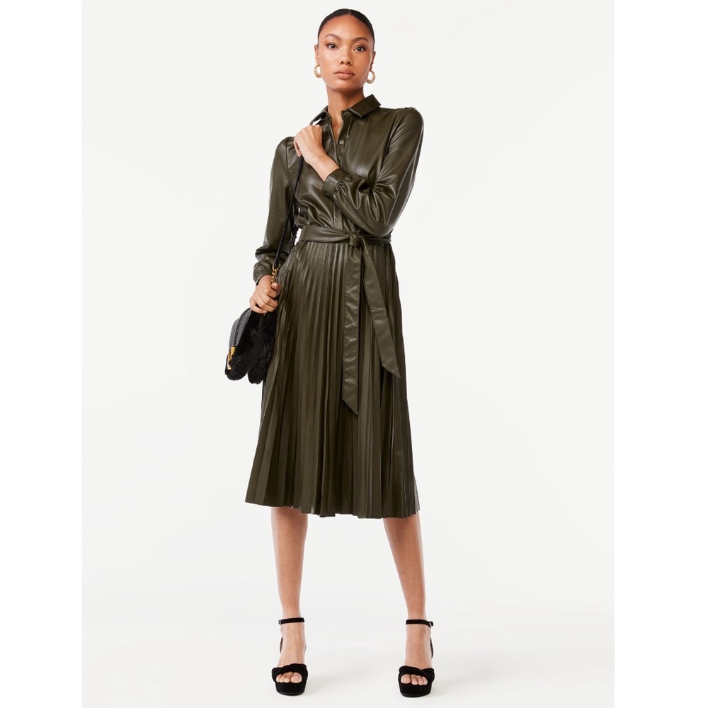 Scoop Women's Faux Leather Pleated Shirtdress